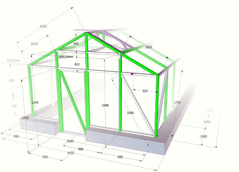 чертеж теплицы из бруса с размерами