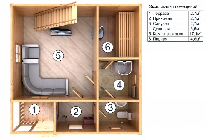 планировка первого этажа дома с баней