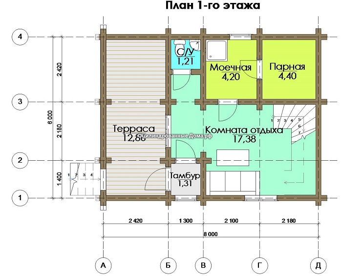 планировка 1 этажа дома с террасой и баней