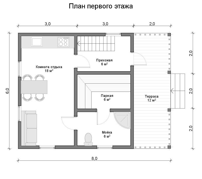 планировка первого этажа дома с баней 6 на 8