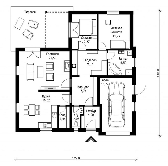 планировка одноэтажного дома с гаражом и террасой