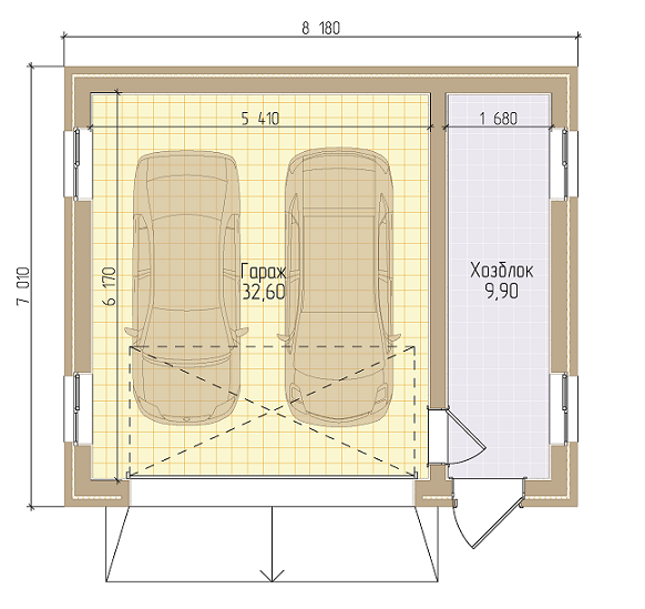 чертеж гаража для двух машин с хозблоком